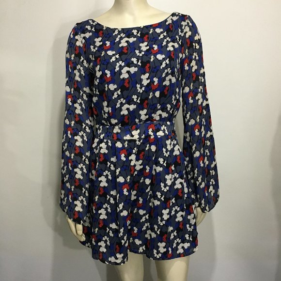 Glamorous M Floral Short Romper Long Sleeve Open Back Pockets - Picture 1 of 7